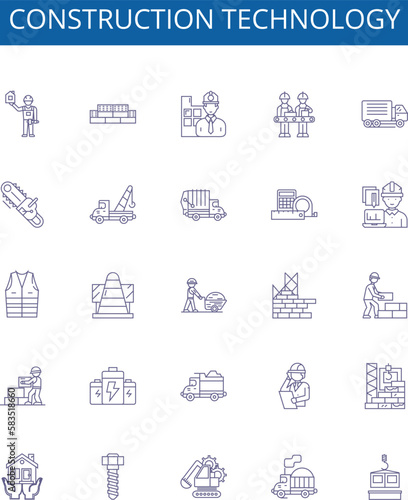 Construction technology line icons signs set. Design collection of Construction, Technology, Building, Engineering, Design, Robotics, Automation, Materials outline concept vector illustrations