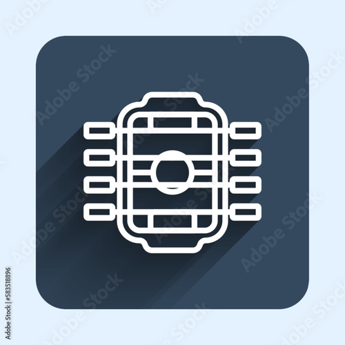 White line Table football game hobby or leisure icon isolated with long shadow background. Sport team football players. Blue square button. Vector