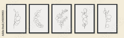 Outline doodle eucalyptus twigs leaves on yellow background in line art style. Greenery vector illustration in minimalist style.
