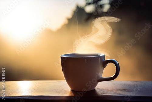 A cup of coffee on the table with the sunrising in the morning.Generative AI