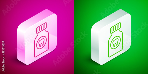 Isometric line Toothache painkiller tablet icon isolated on pink and green background. Tooth care medicine. Capsule pill and drug. Pharmacy design. Silver square button. Vector