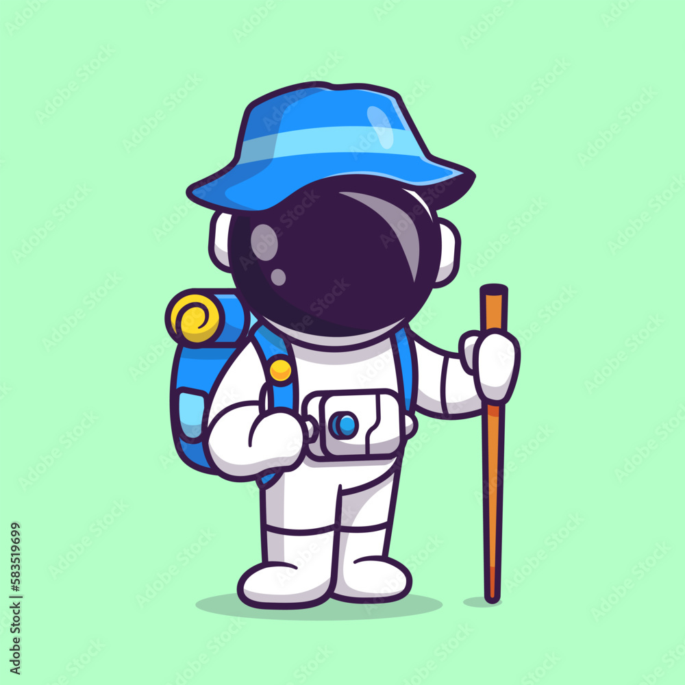 Cute Astronaut Hiking Travelling Cartoon Vector Icon Illustration. Science Travel Icon Concept Isolated Premium Vector. Flat Cartoon Style