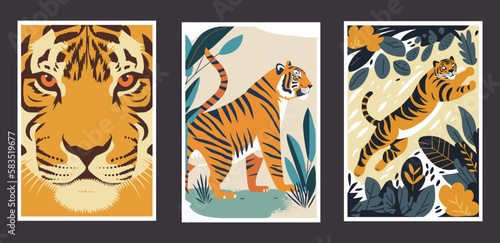 Set of vector cards with tigers, leopard and tropical leaves.