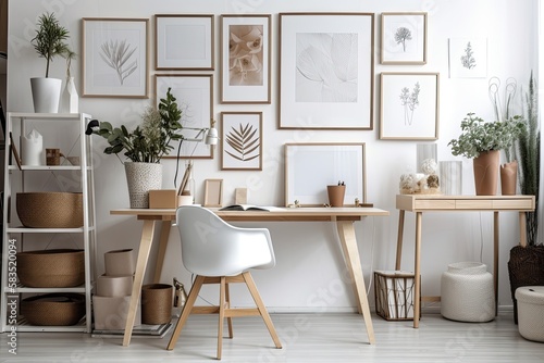 With numerous mock up photo frames, a wooden desk, a brown chair, a neon letter, office supplies, and personal items, create a scandinavian interior for your home office. neutral house staging with st © 2rogan