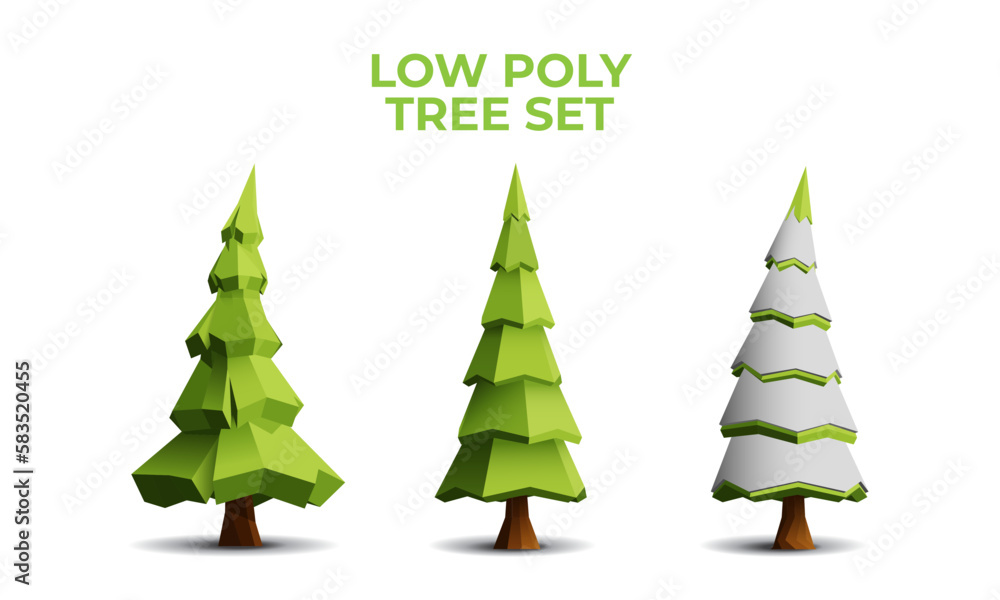 Fototapeta premium Collection of stylized low poly pine trees. Vector 3D Illustration.