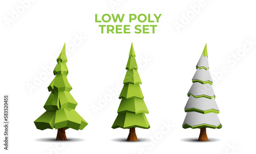 Collection of stylized low poly pine trees. Vector 3D Illustration.