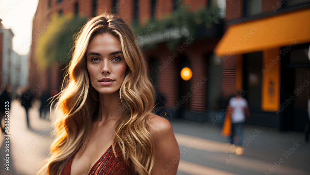 Fototapeta premium Young beautiful female model on blurred city background. Woman standing on the street. Copy space, generative AI.