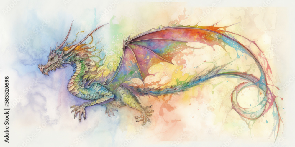 A Rainbow dragon, with wings and horns. Fantasy and fairy tale feel. Ink and watercolor drawing,  generative AI.