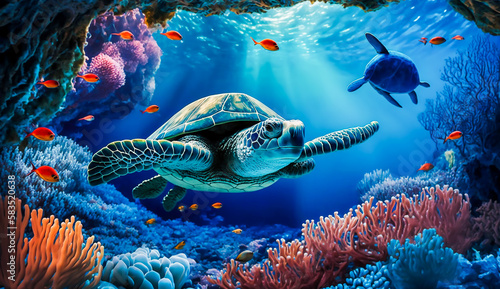 Colorful tropical fish and turtle life in the coral reef, animals of the underwater sea world, Generative AI photo