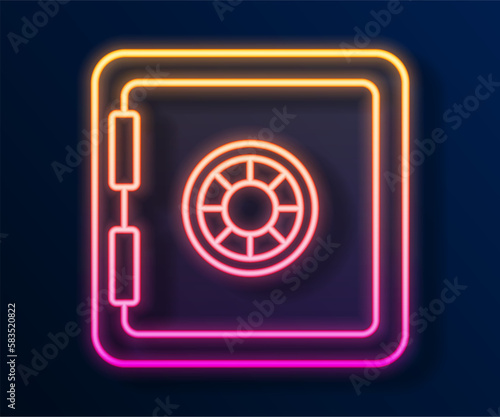 Glowing neon line Safe icon isolated on black background. The door safe a bank vault with a combination lock. Reliable Data Protection. Vector