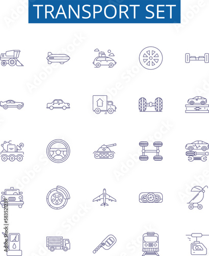 Transport set line icons signs set. Design collection of Vehicles, Planes, Boats, Trains, Buses, Coaches, Vans, Taxis outline concept vector illustrations