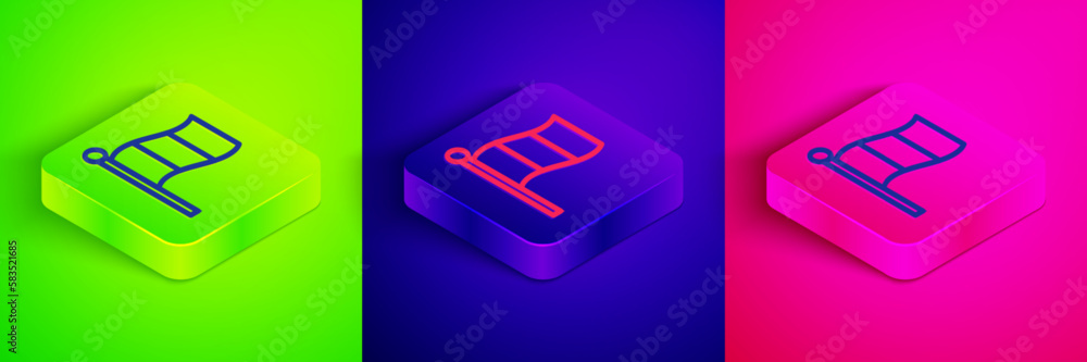 Isometric line Flag Italy icon isolated on green, blue and pink background. Square button. Vector Isometric line Flag Italy icon isolated on green, blue and pink background. Square button. Vector