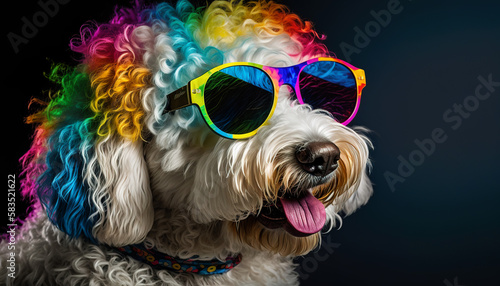 Colorful dog wearing sunglasses, Pop art painting, Generative AI