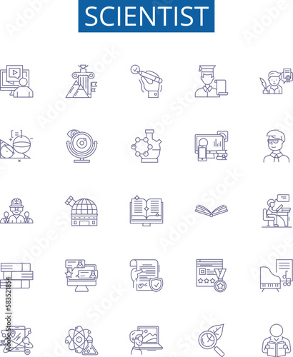 Scientist line icons signs set. Design collection of Scientist, Researcher, Geneticist, Botanist, Physicist, Biologist, Geologist, Chemist outline concept vector illustrations