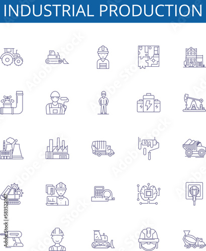 Industrial production line icons signs set. Design collection of Industry, Production, Manufacturing, Processing, Assembly, Automation, Robotics, Logistics outline concept vector illustrations