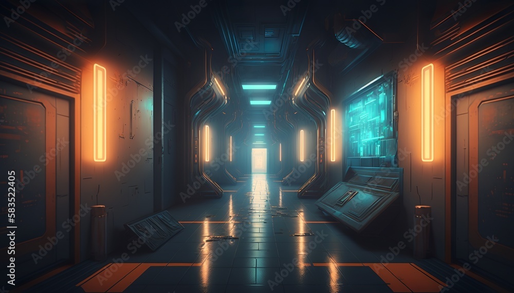 Futuristic cyberpunk long hallway with colored neon lights. Generative AI