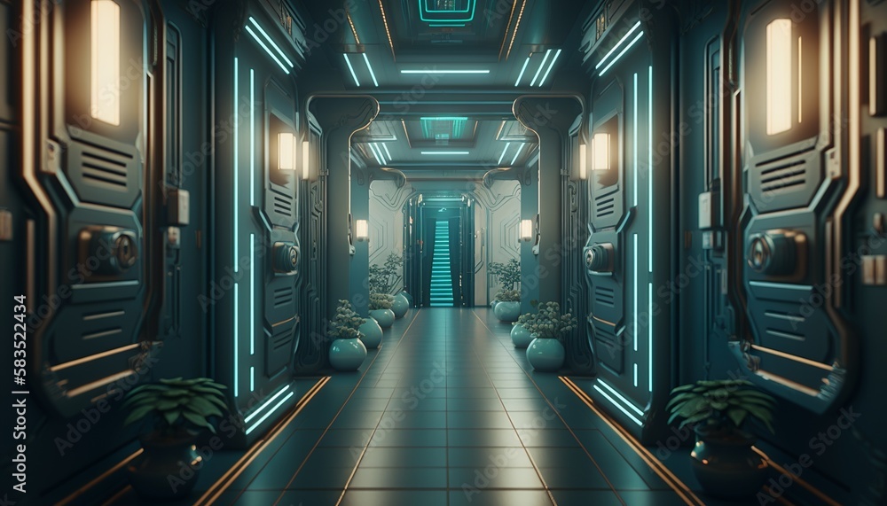 Obraz premium Futuristic cyberpunk long hallway with colored neon lights. Generative AI