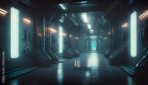 Futuristic cyberpunk long hallway with colored neon lights. Generative AI