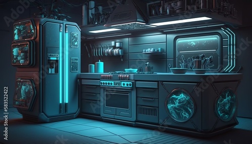 Futuristic cyberpunk kitchen interior with metal walls, cabinet and neon lights. Generative AI