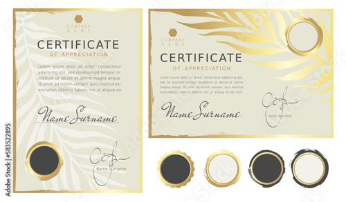 Blank for certificate or diploma with golden brush strokes. Vector illustration, set of backgrounds with gold strokes and leaves.