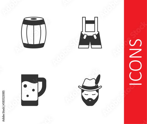 Set Oktoberfest man, Wooden barrel, Glass of beer and Lederhosen icon. Vector