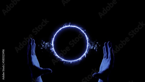 Energy sphere in hands. Magic ball predictions. Mysterious composition. Fortune teller, mind power, prediction, halloween concept. Wide angle horizontal wallpaper or web banner. Mockup for your logo.
