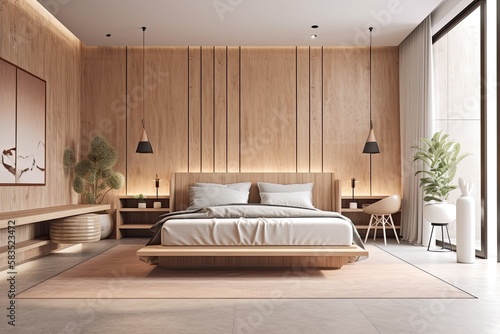 Modern and contemporary style hotel bedroom and living area interior scene and mockup. Generative AI