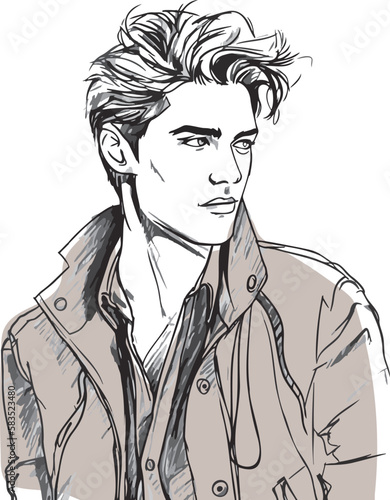 Stylish handsome man in fashion clothes. Fashion man. Hand drawn male model.