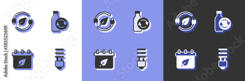 Set LED light bulb, Electric saving plug in leaf, Calendar with autumn leaves and Recycling plastic bottle icon. Vector