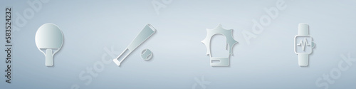 Set Racket, Baseball bat with ball, Punch in boxing gloves and Smart watch heart. Paper art style. Vector