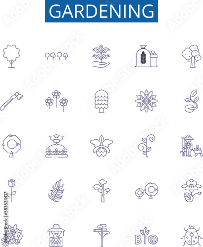 Gardening line icons signs set. Design collection of Planting, Watering, Pruning, Weeding, Soil, Mulching, Cultivating, Composting outline concept vector illustrations