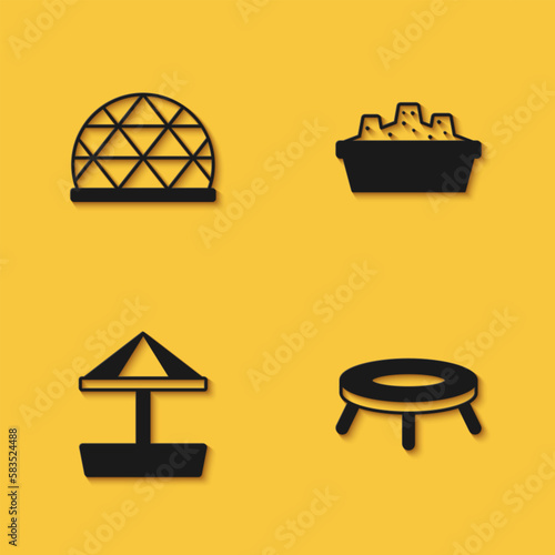 Set Playground climbing equipment, Jumping trampoline, Sandbox with sand and icon with long shadow. Vector