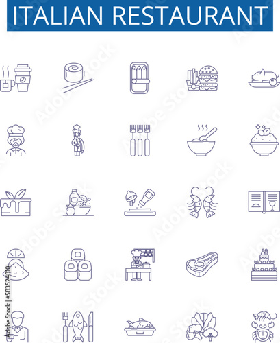 Italian restaurant line icons signs set. Design collection of Italian, restaurant, cuisine, pasta, pizza, bread, garlic, basil outline concept vector illustrations