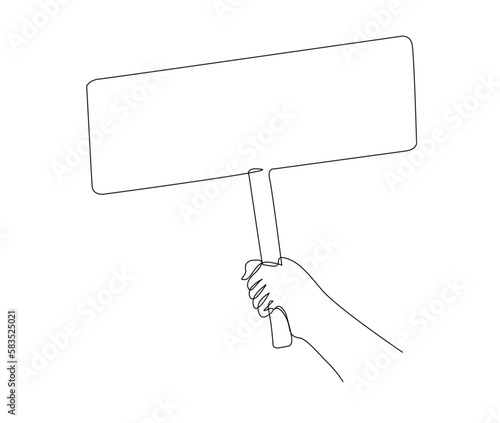 Continuous one line drawing of hand holding empty sign board. Hand holds plank, activism, campaign, announcement concept line art vector illustration.