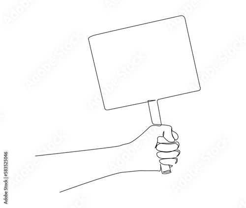 Continuous one line drawing of hand holding empty sign board. Hand holds plank, activism, campaign, announcement concept line art vector illustration.