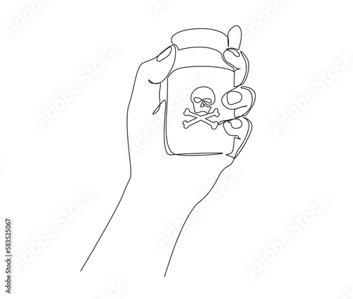 Continuous one line drawing of hand holding poison in bottle. Bottle of poison line art vector illustration.