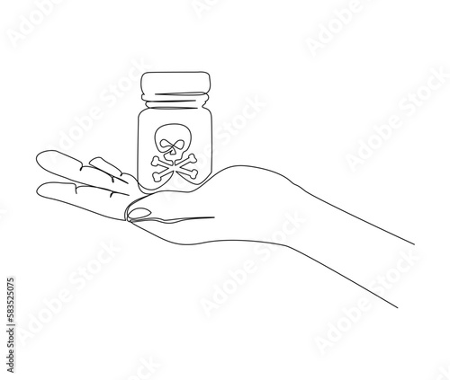 Continuous one line drawing of hand holding poison in bottle. Bottle of poison line art vector illustration.