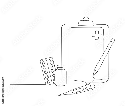 Continuous one line drawing of medicine prescription. Clipboard with recipe bottle with thermometer and pills pharmacy care line art vector illustration.