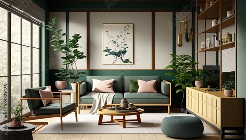 Japandi style green colored living room interior with sofa and coffee table. Generative AI © Csaba