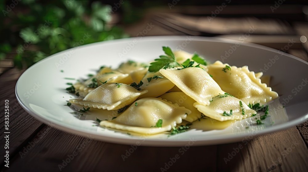 Ravioli pasta with parsley and basil leaf. Generative AI Ravioli pasta with parsley and basil leaf. Generative AI