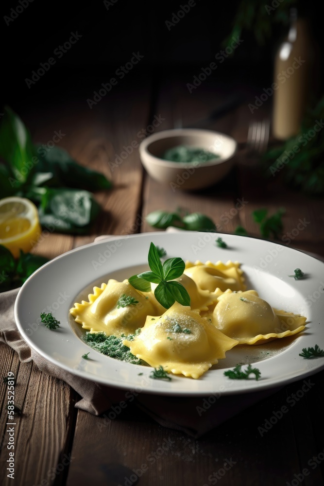 Ravioli pasta with parsley and basil leaf. Generative AI