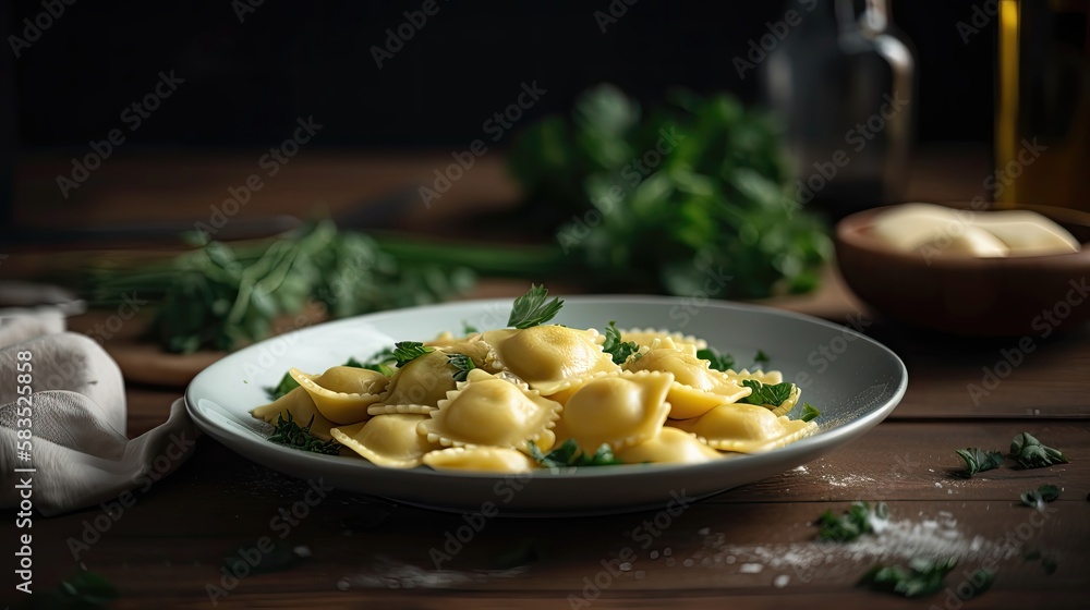 Ravioli pasta with parsley and basil leaf. Generative AI Ravioli pasta with parsley and basil leaf. Generative AI