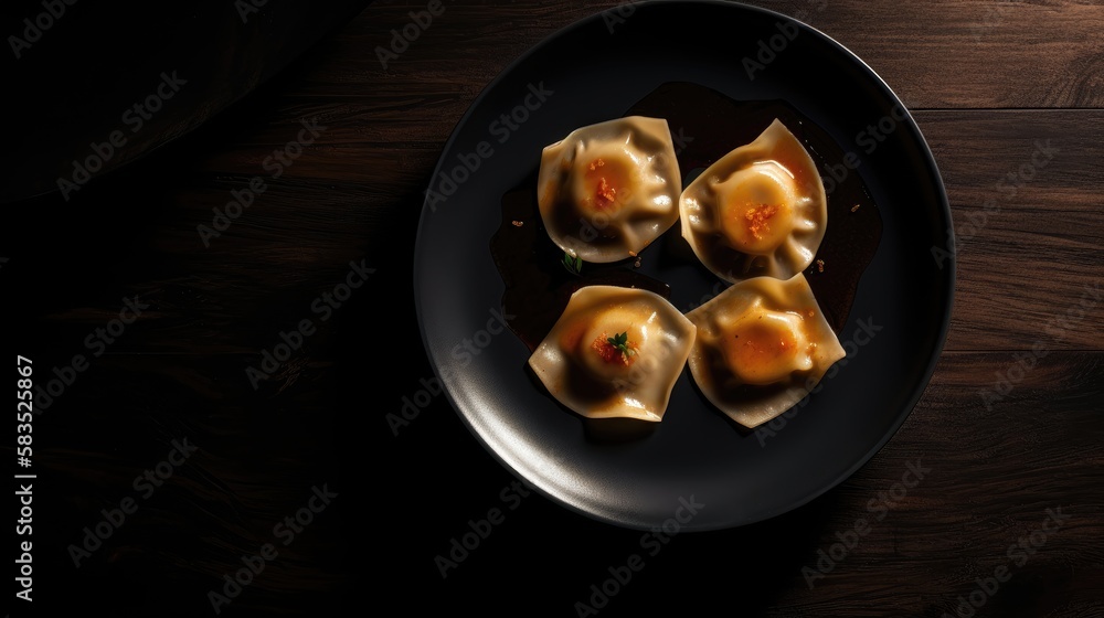 Ravioli pasta with parsley and basil leaf composition, top view with copy space. Generative AI
