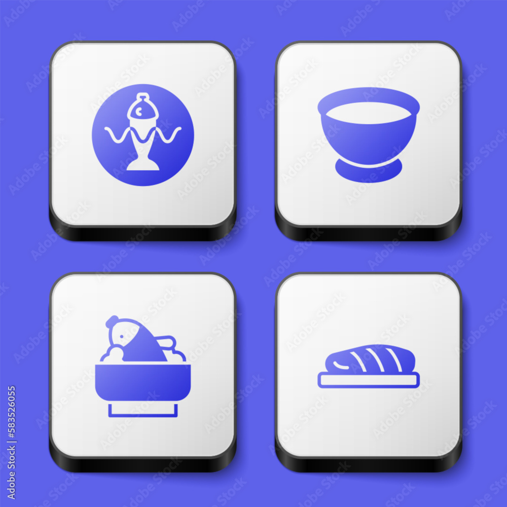 Set Served fish on a plate, Soy sauce in bowl, Rice with and Fish steak icon. White square button. Vector