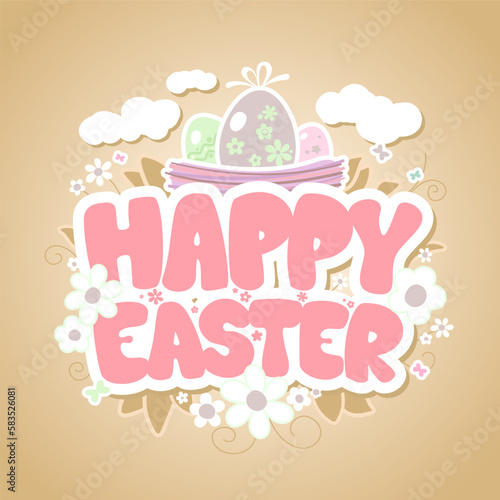 Happy Easter vector card or web banner template with nest and colored eggs in it,