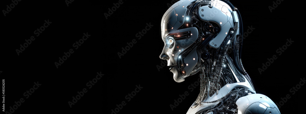 Portrait of cyborg robot head. Generative AI
Portrait of cyborg robot head. Generative AI