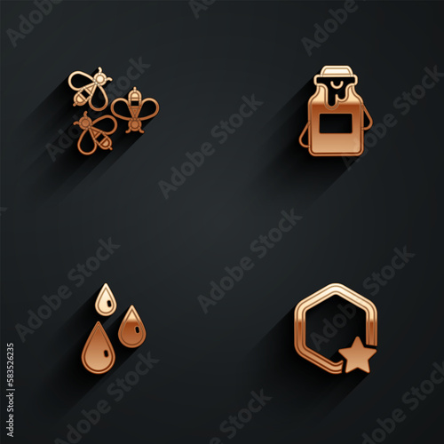 Set Bees, Jar of honey, Drops and Honeycomb icon with long shadow. Vector