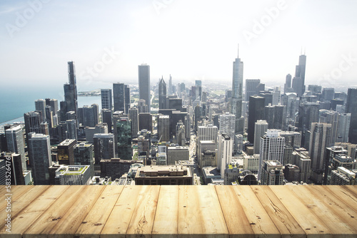 Wooden tabletop with beautiful Chicago buildings on background  mock up