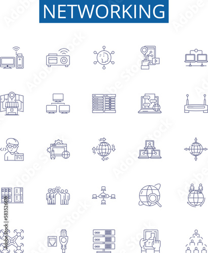 Networking line icons signs set. Design collection of Networking, Network, Connectivity, Links, Internet, Telecommunications, Protocols, Hubs outline concept vector illustrations