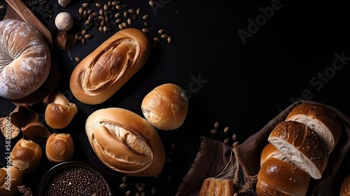 Composition with breads isolated on black table, top view. Generative AI